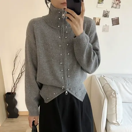25266-浣熊绒秋冬长袖拉链开衫外套带钻女士上衣厚款宽松纯色百搭商品大图