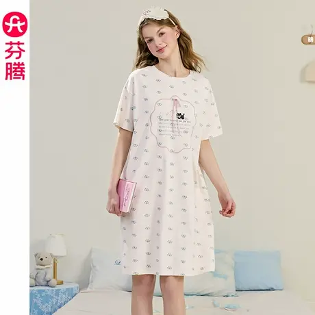 芬腾睡裙女夏季纯棉薄款短袖睡衣裙甜美女款大码休闲家居服连衣裙图片