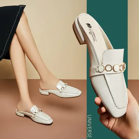 清仓粗跟拖鞋女式皮拖低跟外穿半包头半拖夏季马衔扣凉拖鞋商品大图