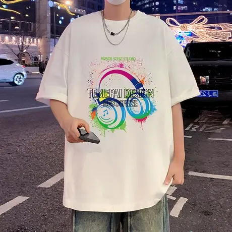 短袖t恤男夏季2025新款潮牌宽松纯棉上衣耳机印花港风男生体恤衫商品大图