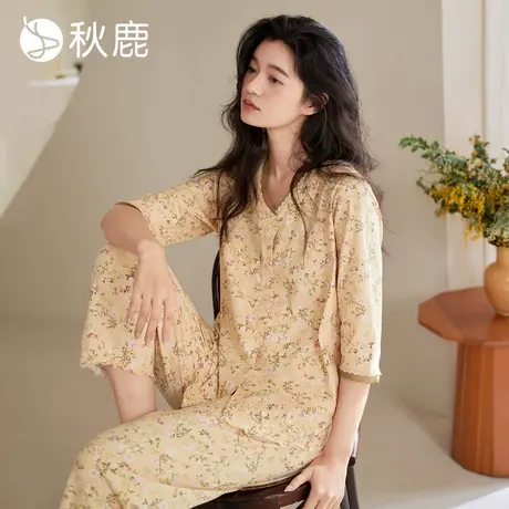 秋鹿优雅蕾丝花边V领显瘦纯棉睡衣女夏季薄款碎花七分短袖家居服商品大图