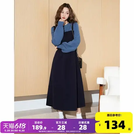 唐狮长袖假两件针织连衣裙秋冬款女长裙气质长款毛衣裙黑色裙子o8图片