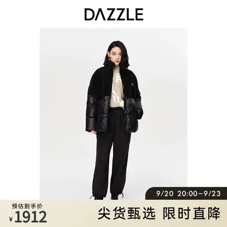 DAZZLE地素奥莱秋冬黑色休闲中长款皮草拼接设计羽绒服皮草外套女图片