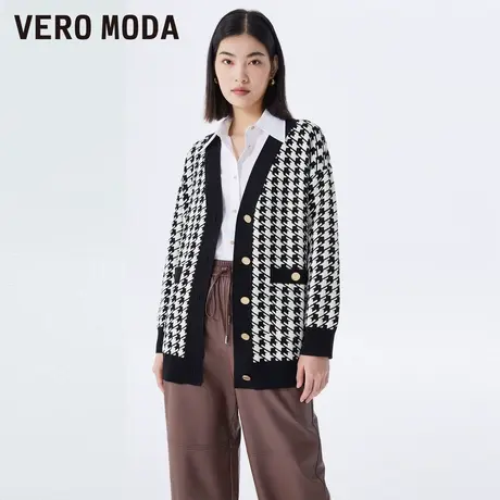 Vero Moda奥莱毛衣针织开衫女早秋新款V领宽松千鸟格小香风外套图片