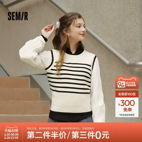 [商场同款]森马针织衫女短款假两件条纹气质2024新款春套头衫通勤图片