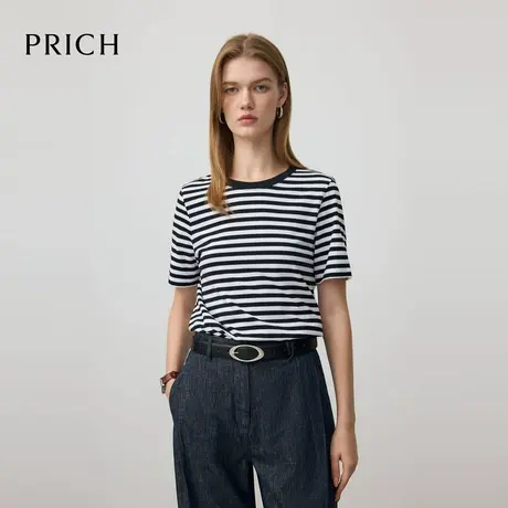 【超能小太阳】PRICH时尚航海系撞色条纹T恤2025夏新款短袖上衣女图片