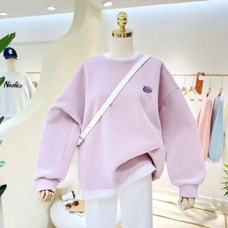 2023春秋新款百搭刺绣后背拼接白边假两件圆领套头卫衣女宽松显瘦商品大图