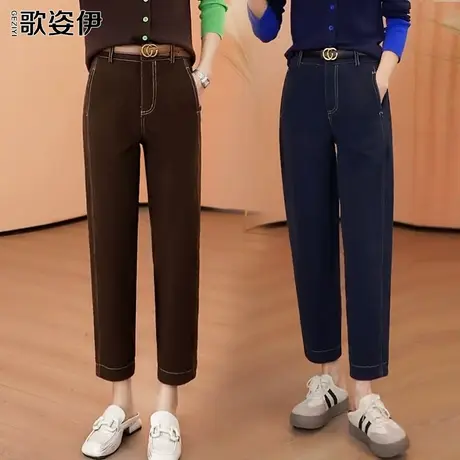 时尚云柔仿牛仔镰刀哈伦裤女2023秋冬新款高端明线设计九分老爹裤图片