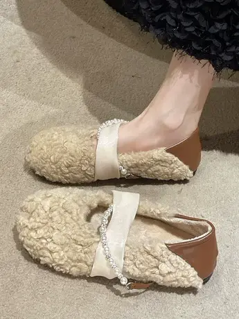 温柔风一字带珍珠毛毛鞋女秋冬季外穿平底软底百搭羊羔毛单鞋女商品大图