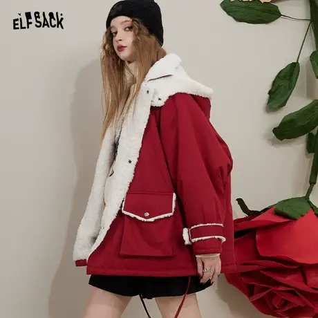 妖精的口袋红色加绒棉服女2022冬季新款小个子甜美短款棉衣外套潮商品大图