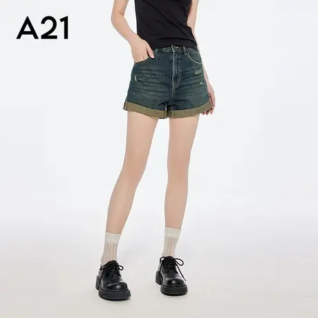 A21女装水洗做旧翻边牛仔裤短裤女夏季新款简约破洞修身直筒裤商品大图