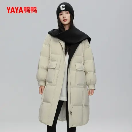 YAYA鸭鸭羽绒服女2024冬新品无领可脱卸帽子气质百搭长款过膝外套图片