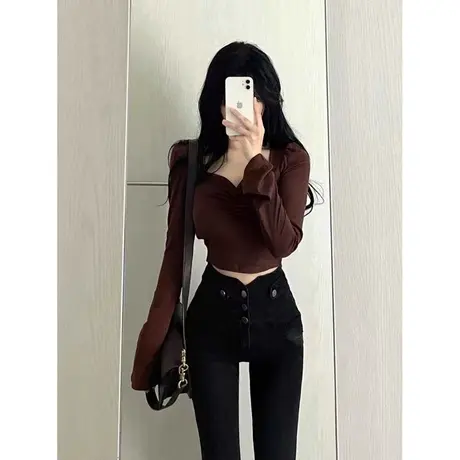 辣妹短款纯欲性感长袖针织衫女秋百搭修身显瘦洋气减龄打底衫上衣图片