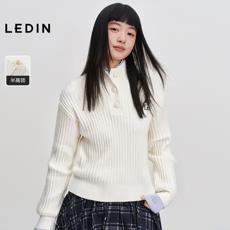 乐町毛绒感毛衣女冬季新款半高领针织衫慵懒风半开襟胸针套头毛衫图片
