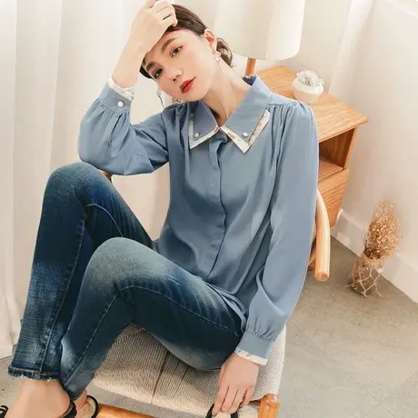 桔熊春秋季通勤双层翻领泡泡长袖厚雪纺衬衫上衣女装大码AB16010图片