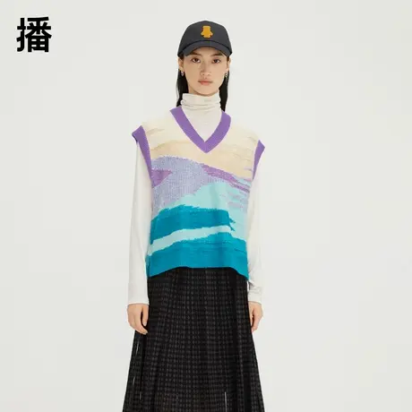 播撞色针织马甲女春季新款宽松百搭条纹坎肩上衣DDQ4SD5600商品大图