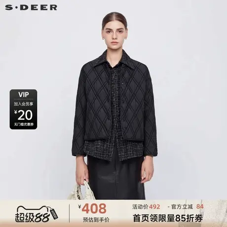 sdeer圣迪奥女装复古翻领格纹假两件宽松棉服S24462301商品大图