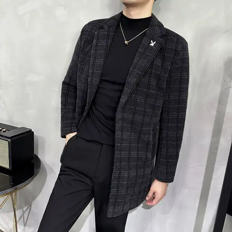 秋冬加厚毛呢外套男中长款优雅绅士夹棉呢子大衣英伦风格子风衣潮图片