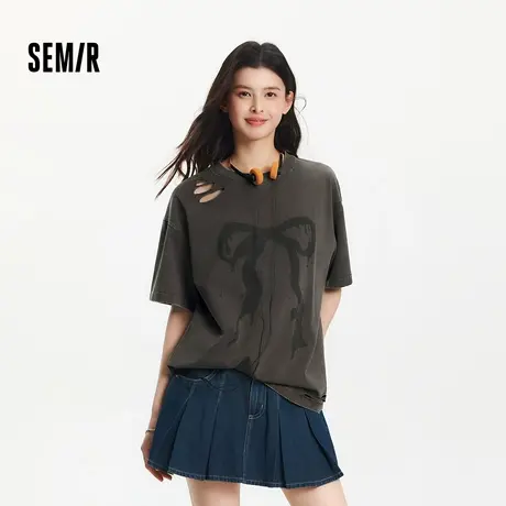 森马短袖T恤女中长款纯棉做旧oversize夏2025新款蝴蝶结破洞衣服商品大图