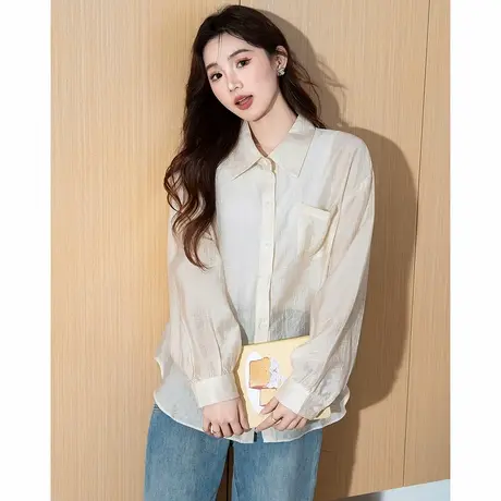 唐狮春季新款女衬衫中长款休闲长袖衬衣简约白色宽松设计感TM图片