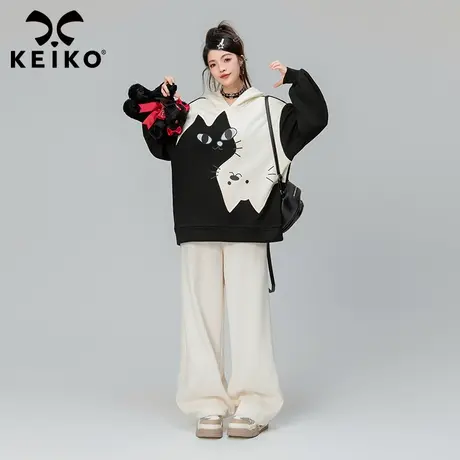 KEIKO 拼色裁剪趣味卡通卫衣女加绒加厚2023秋冬oversize连帽外套商品大图