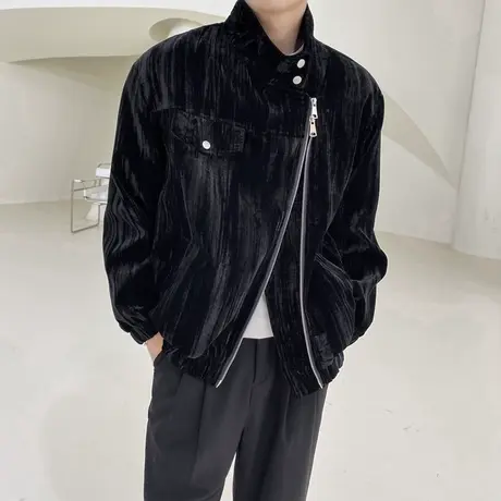 秋冬季轻熟风丝绒夹克个性斜拉链小众设计感发型师休闲机车外套商品大图