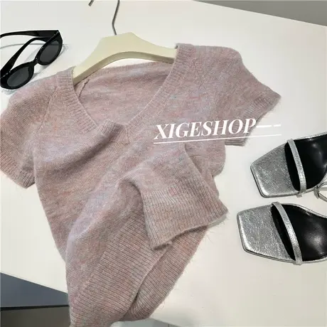 气质通勤V领短袖针织上衣女秋弹力修身软糯韩系短款显瘦打底毛衣商品大图