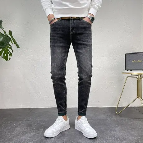 秋款男士牛仔长裤潮流做旧猫须修身小脚男款牛仔裤黑色复古磨毛裤商品大图