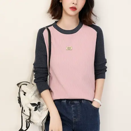 新品8.5折】插肩袖撞色圆领套头毛衣女装长袖打底针织衫商品大图