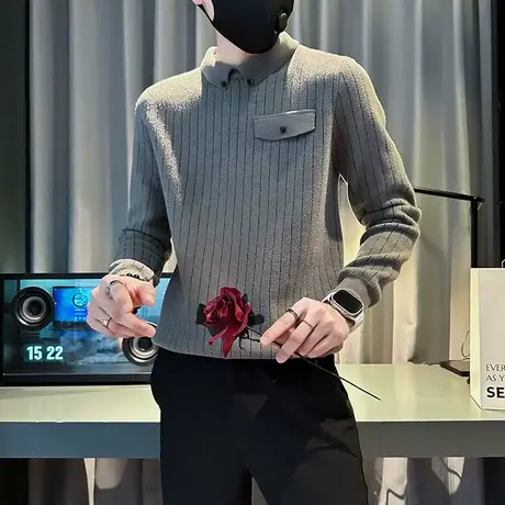 高级感条纹毛衣男2023秋冬新款ins轻熟风POLO线衣潮牌内搭针织衫商品大图