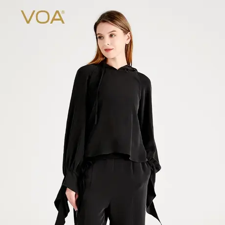 VOA30姆米重磅厚桑蚕丝黑色抽绳连帽长袖荷叶边短款卫衣真丝上衣商品大图