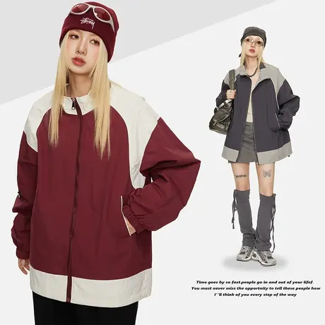 秋季新款拼接外套女2023年新款街头复古宽松oversize运动夹克上衣商品大图