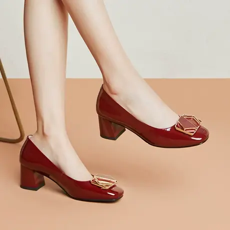 浓情漫宇2024新款粗跟软皮单鞋女浅口真皮方头高档女鞋通勤酒红色图片