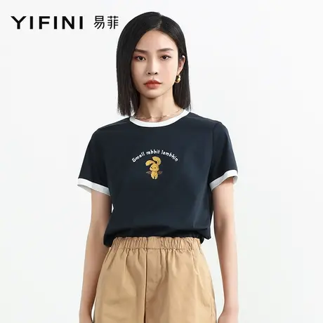 Yifini/易菲【小兔子乖乖】纯棉宽松字母印花撞边T恤女夏季新款商品大图