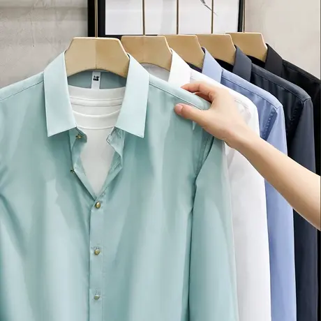 丝光免烫衬衫男长袖2023秋季轻商务休闲职业寸衫韩版修身男装衬衣商品大图