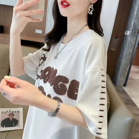 小众设计感短袖t恤女夏季韩版宽松大码女装中长款华夫格刺绣上衣商品大图