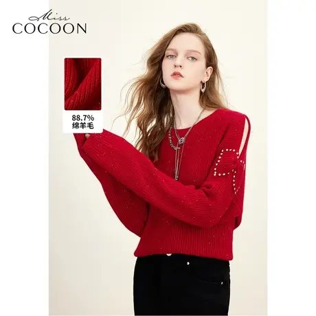MISSCOCOON圆领上衣23冬新款女简约漏肩蝴蝶结红色毛针织衫商品大图