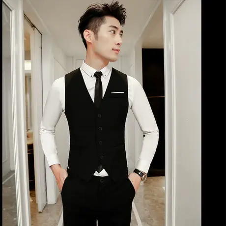 西装马甲套装男士三件套商务正装修身西服马夹酒店工装伴郎团礼服图片