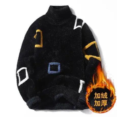 2121秋冬季加厚软糯毛衣男士半高领仿貂绒针织提花打底衫情侣线衣商品大图