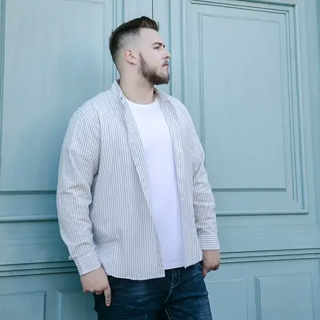 【老客户福利款，库存有限售完即止】条纹衬衫男大码纯棉休闲衬衣商品大图