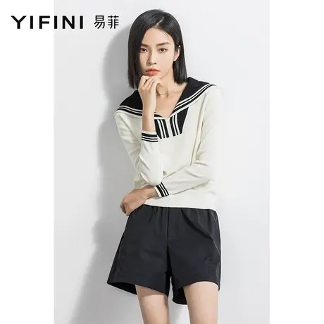 Yifini/易菲短款长袖休闲出街大翻领针织衫女2023春秋新款毛衫薄商品大图