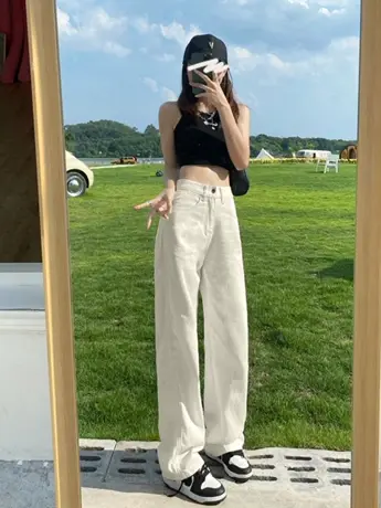 韩版潮流阔腿牛仔裤女2023年春秋新款直筒高腰宽松显瘦垂感拖地图片