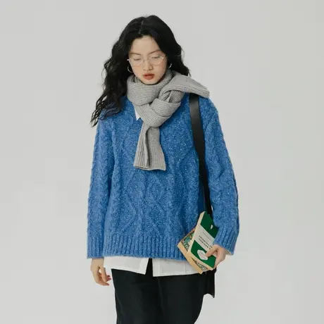 omont蛋挞家 蓝色软糯羊毛毛衣女2022秋冬新品宽松绞花针织上衣商品大图