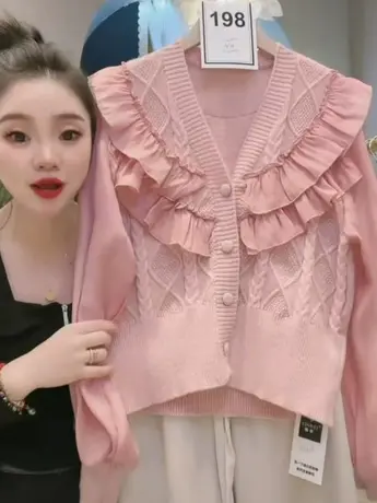 2023春季新品韩版宽松气质百搭木耳边V领拼接针织开衫甜美上衣洋图片