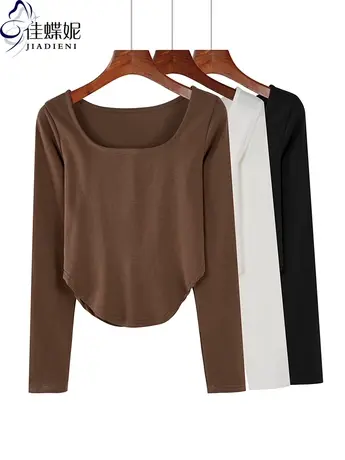 春秋冬季大圆领韩版纯棉短款纯色长袖体恤上衣内搭打底衫女装燕尾商品大图