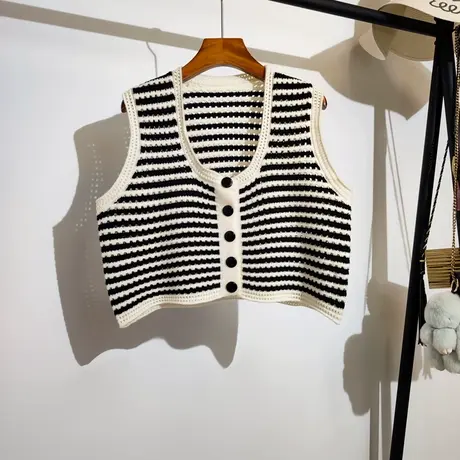 镂空条纹针织马甲开衫女短款外穿春秋叠穿U领小坎肩毛衣背心上衣图片
