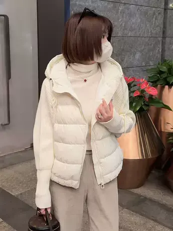 2023新款卫衣式短款羽绒服设计感连帽针织拼接休闲时尚百搭外套冬商品大图