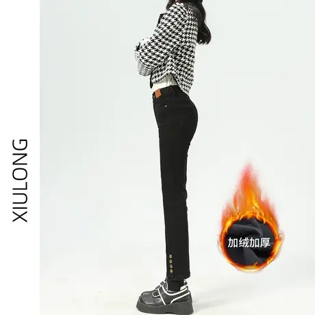 黑色高腰加绒直筒牛仔裤女秋冬2023年新款显瘦小个子九分烟管裤子图片