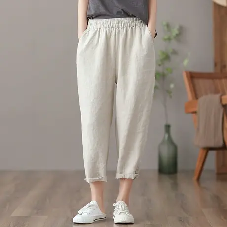 dza 高腰显瘦休闲棉麻宽松阔腿裤子女士夏季新款九分亚麻直筒女裤图片