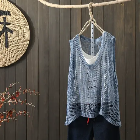 枫谜2021年夏季新款文艺复古镂空背心女宽松内搭休闲罩衫上衣图片